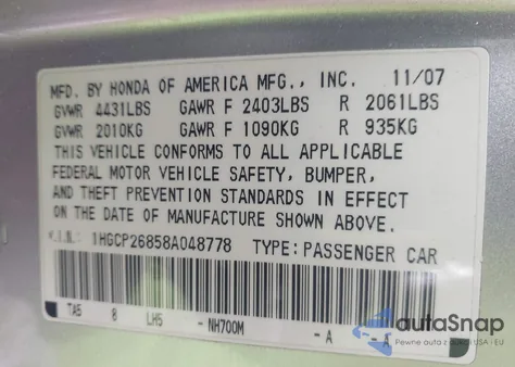2008 Honda Accord 2.4 Ex-L z USA, uszkodzony, nr VIN 1HGCP26858A048778
